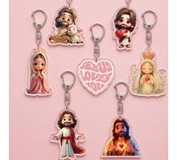 1 pièce/7 pièces Porte-clés acryliques mignons de style chibi à thème chrétien, incluant Jésus, la Vierge Marie et le design cœur "Jésus vous aime", style mignon et guérisseur, accessoires et breloque