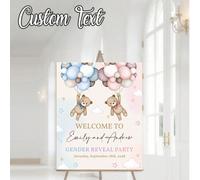 1 pièce - Affiche de bienvenue personnalisée pour la révélation du de l'ours, logo de révélation du personnalisé, affiche de fête de bébé avec ours rose et bleu, logo de cour "Lui ou Elle", style neut