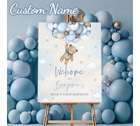 1 pièce - Affiche sans cadre personnalisée avec nom - Affiche de bienvenue pour l'anniversaire de l'ours bleu, décoration de fête bleue, impression sur canevas d'affiche de bienvenue pour l'anniversai