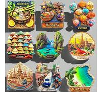 1 pièce Aimant de réfrigérateur 3D Thaïlande et Vietnam, souvenir de voyage, décoration de maison Marché flottant de Bangkok, Thaïlande,Train de rue vietnamien,lanternes vietnamiennes,Wat Phra That Do