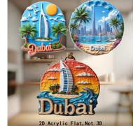 1 pièce Aimant de réfrigérateur en acrylique 2D sur le thème de Dubaï, représentant des sites emblématiques de Dubaï comme l'hôtel Burj Al Arab, des palmiers, des dauphins, capturant parfaitement l'am
