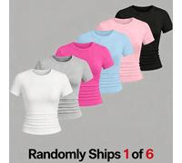 1 pièce aléatoire parmi 6 designs, t-shirt à col rond, manches courtes, coupe ajustée, couleur unie, top de base élastique d'été, top court décontracté polyvalent multicolore aléatoire pour fille, ada