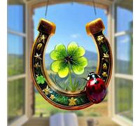 1 pièce Attrape-soleil fer à cheval de la Saint-Patrick, panneau de fenêtre décoratif suspendu et coloré avec trèfles et coccinelles, thème religieux, convient pour la maison, le chalet, le jardin, le