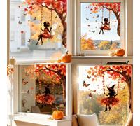1 pièce Autocollant de fenêtre statique feuille d'érable d'automne, silhouette de fille de dessin animé sur une balançoire, décalcomanie de fenêtre amovible, avec papillon, convient pour Thanksgiving,