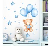 1 pièce Autocollant mural de ballon d'ours mignon de bande dessinée, en vinyle, amovible, motif étoile bleue, convient pour le salon, la chambre, la salle de jeux, le fond de canapé, la décoration mur