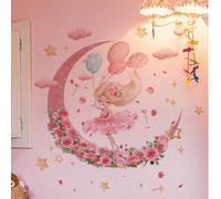 1 pièce Autocollant mural fille fleurie, papillon, ballon, nuage, lune pour la décoration de la chambre d'enfant, amovible, chambre à coucher, arrière-plan du salon Fille au ballon lunaire,Fille aux p