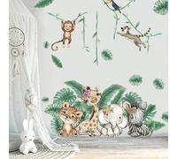 1 pièce Autocollants muraux dessin animé Éléphant Monkey Vine Banana feuille pour la chambre d'enfant, la table de nuit, la décoration de la maternelle, papier peint auto-adhésif, autocollants muraux,