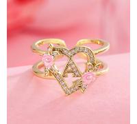 1 pièce Bague ajustable en forme de cœur avec lettre en or et zircone cubique, 26 lettres de A à Z, design personnalisé avec nom et fleur, à porter au quotidien, bijou d'anniversaire pour elle Taille 