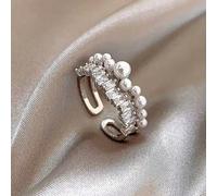 1 pièce Bague argent minimaliste chic à double couche avec zircone et fausse perle, conception délicate polyvalente de boutique. Bague ouverte convenant aux femmes pour une utilisation quotidienne ou 