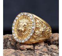 1 pièce Bague de bijoux mode hip-hop en acier inoxydable plaqué or 18 carats brillante, lion courageux roi des bêtes avec strass, cadeau pour homme 7,9,11,13,8,10,12,14,15 (ring size)Acier inoxydable