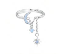 1 pièce bague de doigt lien étoile lune en argent fin 925 sterling véritable pour femmes, bagues réglables étincelantes en opale bleue, bijoux fins originaux, cadeau de mariage Taille UniqueArgent ste