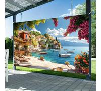 1 pièce Bannière de fête avec scène de ville côtière italienne, fond polyester vibrant avec maisons de style Amalfi, eaux turquoise et verdure, convient pour la décoration d'intérieur 150*210 cm,180*2
