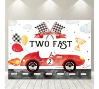 1 pièce Bannière joyeuse d'anniversaire de course automobile : Célébrez votre anniversaire avec cette voiture de course rouge style aquarelle, des ballons et un drapeau à damier, Noël 230x180cm,250x21