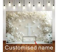1 pièce Bannière personnalisable avec nom, Ma première communion, fond blanc, croix blanche et motif floral, personnalisation du nom pour le baptême, convient pour le mariage, l'anniversaire et d'autr