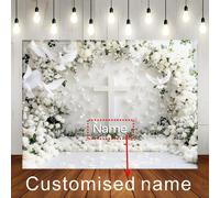 1 pièce Bannière personnalisable avec nom, Ma Première Communion, fond blanc, croix blanche et motif floral, personnalisation du nom pour le baptême, convient pour le mariage, l'anniversaire et d'autr