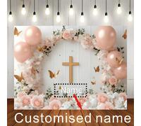 1 pièce Bannière personnalisable avec nom, Ma première communion, fond rose, ballon croix rose, conception florale papillon doré, baptême personnalisé avec nom, convient pour mariage, anniversaire et 
