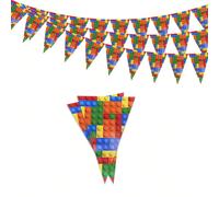 1 pièce Bannière triangulaire à motif de blocs de construction carrés colorés, drapeaux en papier imprimés de briques géométriques, décoration murale créative thème architecture pour fête d'anniversai