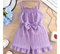 1 pièce Barboteuse d'été pour bébé fille - légère sans manches avec nœud à l'épaule et ceinture à la taille, couleur lavande unie, tenue décontractée respirante, convient aux bébés et tout-petits | Bo