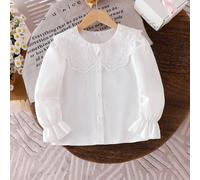 1 pièce Blouse décontractée en dentelle blanche pure pour filles, col Peter Pan volantée délicate et grande, chemise polyvalente mignonne pour l'automne 6Y,7Y,4Y,5YRayéMélange coton