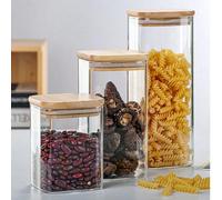 1 pièce Bocal carré minimaliste transparent avec couvercle en bambou, récipient alimentaire hermétique, élégant et léger, empilable, convient pour la décoration de cuisine et l'organisation du garde-m