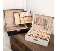 1 pièce Boîte à bijoux en PU à double couche noire avec serrure de et coussin doux fiable, doublure en velours, étui de voyage, design à compartiments multiples grande capacité, convient pour les bagu