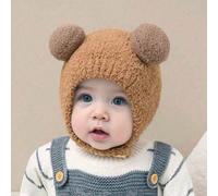 1 pièce Bonnet bébé tricoté beige à double pompon avec sangle de menton, casquette bébé à rabats d'oreilles douillette, bonnet d'hiver bébé chaud protégeant les oreilles 1-2Y,2-3Y,3-12MAcrylique