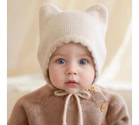 1 pièce Bonnet bébé tricoté blanc avec double cornes, pour bébé de 3 à 12 mois. Bonnet d'hiver chaud pour bébé. Collection de bonnets bébé mignons et dessin animé 0-6M,1-2Y,3-12Mgraphique,UnicolorePol