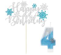 1 Pièce Bougie Avec Le Chiffre 4 Et 1 Pièce Carte D'Anniversaire, Décoration De Gâteau Sur Le Thème De La Glace Et De La Neige, Bougie Pailletée, Accessoires De Fête Pour Anniversaires De Filles