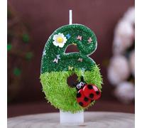 1 pièce Bougie d'anniversaire chiffre 0-9, accessoires de coccinelle et fleur vert herbe, nouvelle bougie d'anniversaire créative faite à la main, décoration de gâteau de fête d'anniversaire à thème d