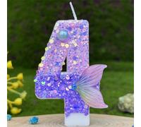 1 pièce Bougie numéro sirène pourpre, Bougie numéro 0-9, avec paillettes pourpres et queue de poisson pourpre, convient pour la décoration de gâteau sur le thème de la sirène, bougie d'anniversaire, p