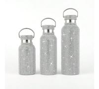 1 pièce Bouteille isotherme en acier inoxydable de 350/500/750 ml avec décor de strass, couvercle et anse décorés de strass faits à la main, double paroi, pour usage extérieur, voyage, sport, maison, 