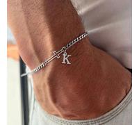 1 pièce Bracelet cubain en acier inoxydable à la mode avec croix et lettres pour hommes, couleur argent L,M,S,H,A,T,O,B,C,D,E,F,G,I,J,K,N,P,R,V,W,Y,ZAcier inoxydable