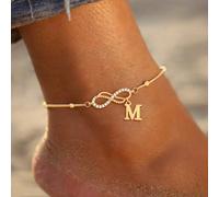 1 pièce Bracelet de cheville classique minimaliste en acier inoxydable doré avec symbole infini et perles pour femmes L,M,S,H,A,T,O,B,C,D,E,F,G,I,J,K,N,P,R,V,W,Y,ZAcier inoxydable