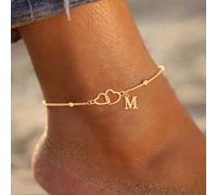 1 pièce Bracelet de cheville minimaliste classique en acier inoxydable doré avec double cœur creux et perles pour femmes L,M,S,H,A,T,O,B,C,D,E,F,G,I,J,K,N,P,R,V,W,Y,ZAcier inoxydable
