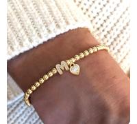 1 pièce Bracelet doré classique avec perles en forme de cœur et lettres à bulles, pour femmes L,M,S,H,A,T,O,B,C,D,E,F,G,I,J,K,N,P,R,V,W,Y,ZCuivre