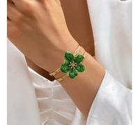 1 pièce Bracelet jonc élégant et à la mode avec fleur à cinq pétales rose et verte, gouttes d'huile artificielles blanches et orange. Convient pour un port quotidien et les jours fériés, un excellent 