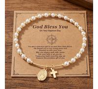 1 pièce Bracelet pendentif croix élégant et à la mode avec perles dorées, style luxe léger avec pendentif croix Vierge Marie en fausse perle blanche, bracelet plaque ovale avec perles en cuivre, convi