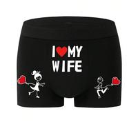 1 pièce Caleçon pour hommes imprimé avec "I Love My Wife" et une scène romantique de votre première rencontre. Tissu doux et respirant, cadeau surprise parfait pour votre femme pour la Saint-Valentin.