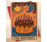 1 pièce, Carte de gâteau style tarot vintage "The Birthday" Soleil Lune Rose. Comprend une enveloppe, papier d'art de texture premium. Illustration de bordure rétro tatouage floral étoile océan. Cadea