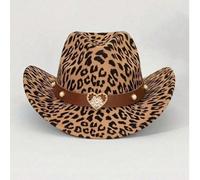 1 pièce Chapeau de cowboy occidental à imprimé léopard à la mode pour femmes, décoré d'une large ceinture en métal en forme de cœur, chapeau en feutre personnalisé, design imprimé, convient pour un us