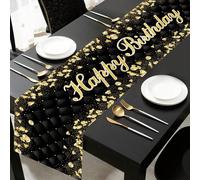 1 pièce Chemin de table d'anniversaire noir & doré, décoration de fond de fête d'anniversaire, nappe de table, couverture de table, nappe de fête d'anniversaire, décoration de maison d'anniversaire, d