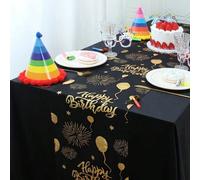1 pièce Chemin de table d'anniversaire noir & or, nappe à motif de ballons dorés et feux d'artifice, nappe en polyester 275*28cm, décoration Joyeux Anniversaire, décoration de fête du 1er anniversaire
