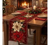 1 pièce Chemin de table imprimé Poinsettia rouge de Noël, nappe de table à dîner style lin avec bordure dorée vintage, motif fleur de Noël, cloche, branche de pin, houx et baies rouges, décoration de 