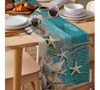 1 pièce Chemin de table vintage à motif de bois usé avec étoile de mer et coquillage, style côtier frais d'été en faux lin tissé à texture rigide, nappe rectangulaire, chemin de table décoratif pour i