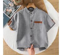 1 pièce Chemise à col mao gris unicolore pour garçons préadolescents, style décontracté minimaliste à manches courtes, polyvalente pour des occasions décontractées, nouvelle arrivée d'été, convient po