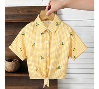 1 pièce Chemise ample à manches courtes pour jeune fille, imprimé citron jaune et blanc à carreaux, design avec ourlet noué, super mignon, convient pour les vacances, les voyages, les fêtes, la rentré