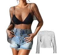 1 Pièce Chemisier en Maille Noire, Manches Longues avec Strass Pailletés, Chemisier Sexy en Maille Transparente, Chemisier À Col Rond en Cristal, Chemisier Débardeur pour Femme, Tenue Formelle