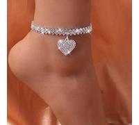 1 Pièce Cheville À Chaîne Bling Bling En Forme De Losange, Pendentif De Cœur D'amour Et Double Couche De Strass Taille UniqueVerre