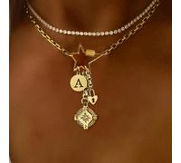 1 pièce Collier avec lettre dorée, chaîne pentagramme, pendentif étoile octogonale, chaîne en acier inoxydable. Convient pour le travail, le port quotidien, les fêtes, les banquets, les bals et autres