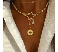 1 pièce Collier avec lettre dorée en forme d'étoile à cinq branches, assorti à un collier avec étoile à huit branches et une chaîne en acier inoxydable. Convient pour le travail, la vie quotidienne, l